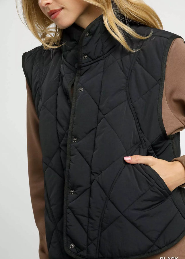 Umgee Quilted Snap-Front Puffer Vest - Sleekdenim.com