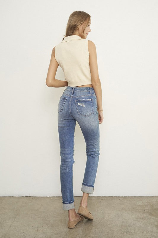 Destroyed Front Girlfriend Jeans - Sleekdenim.com