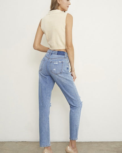 HIGH RISE DISTRESSED GIRLFRIEND JEANS - Sleekdenim.com