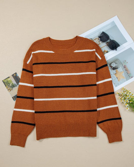 Stripe Ribbed Trim Drop Shoulder Sweater - Sleekdenim.com