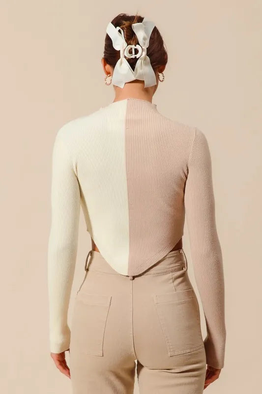 SO ME Color Block Fitted Crop Sweater Top - Sleekdenim.com