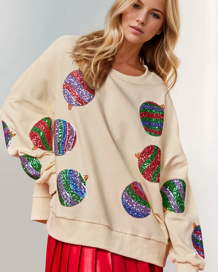 Double Take Christmas Element Sequin Round Neck Long Sleeve Sweatshirt - Sleekdenim.com