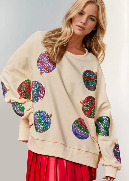 Double Take Christmas Element Sequin Round Neck Long Sleeve Sweatshirt - Sleekdenim.com
