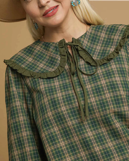 Umgee Full Size Plaid Ruffle Collar Blouse Plus Size - Sleekdenim.com