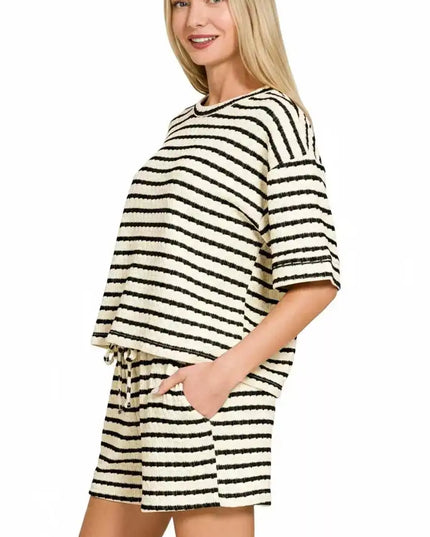 Zenana Striped Short Sleeve Tee & Shorts Set - Sleekdenim.com