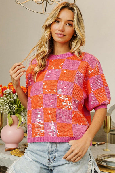 BiBi Checkered Short Sleeve Sequin Sweater Pink Orange