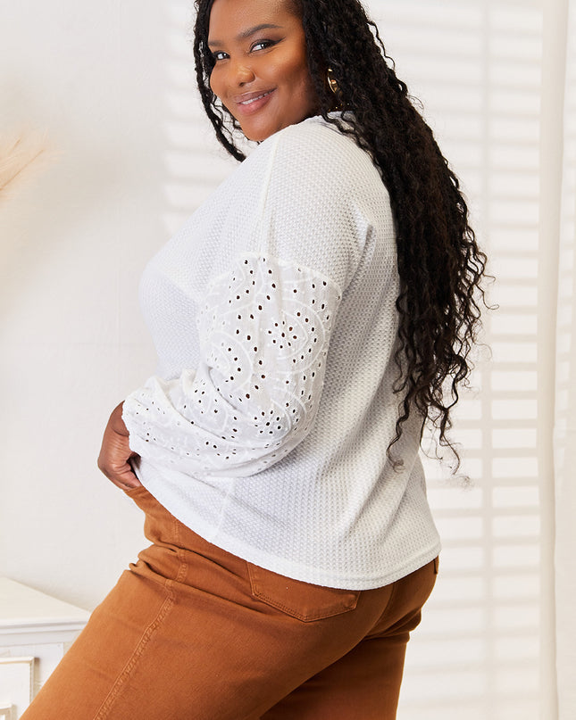 Shiny Eyelet Dropped Shoulder Round Neck Blouse - Sleekdenim.com