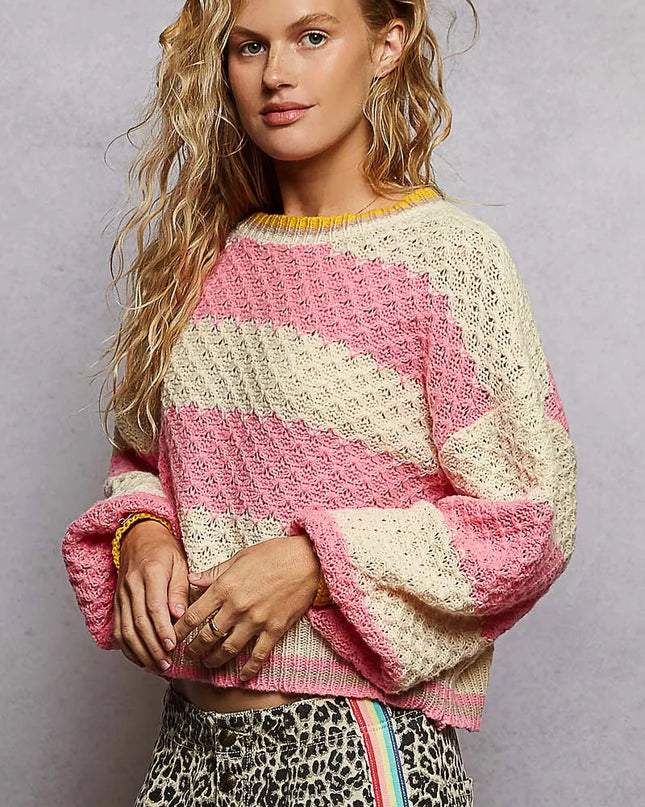 POL Contrast Striped Round Neck Sweater with Textured Cable Knit Pattern - Sleekdenim.com