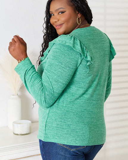 Double Take Ruffle Shoulder Long Sleeve T-Shirt - Sleekdenim.com