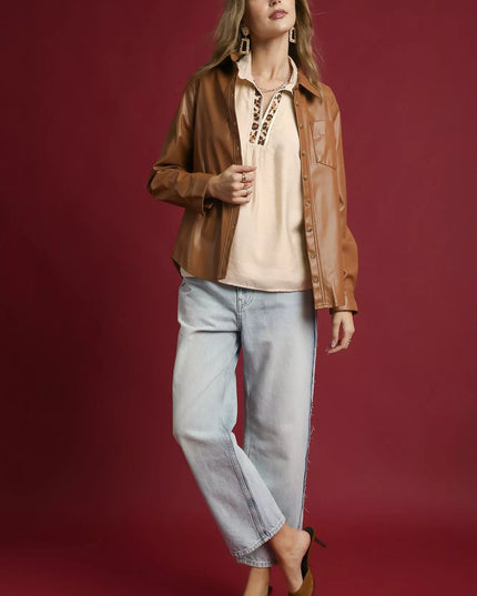 Umgee Long Sleeve Blouse with Leopard Print Trim - Sleekdenim.com