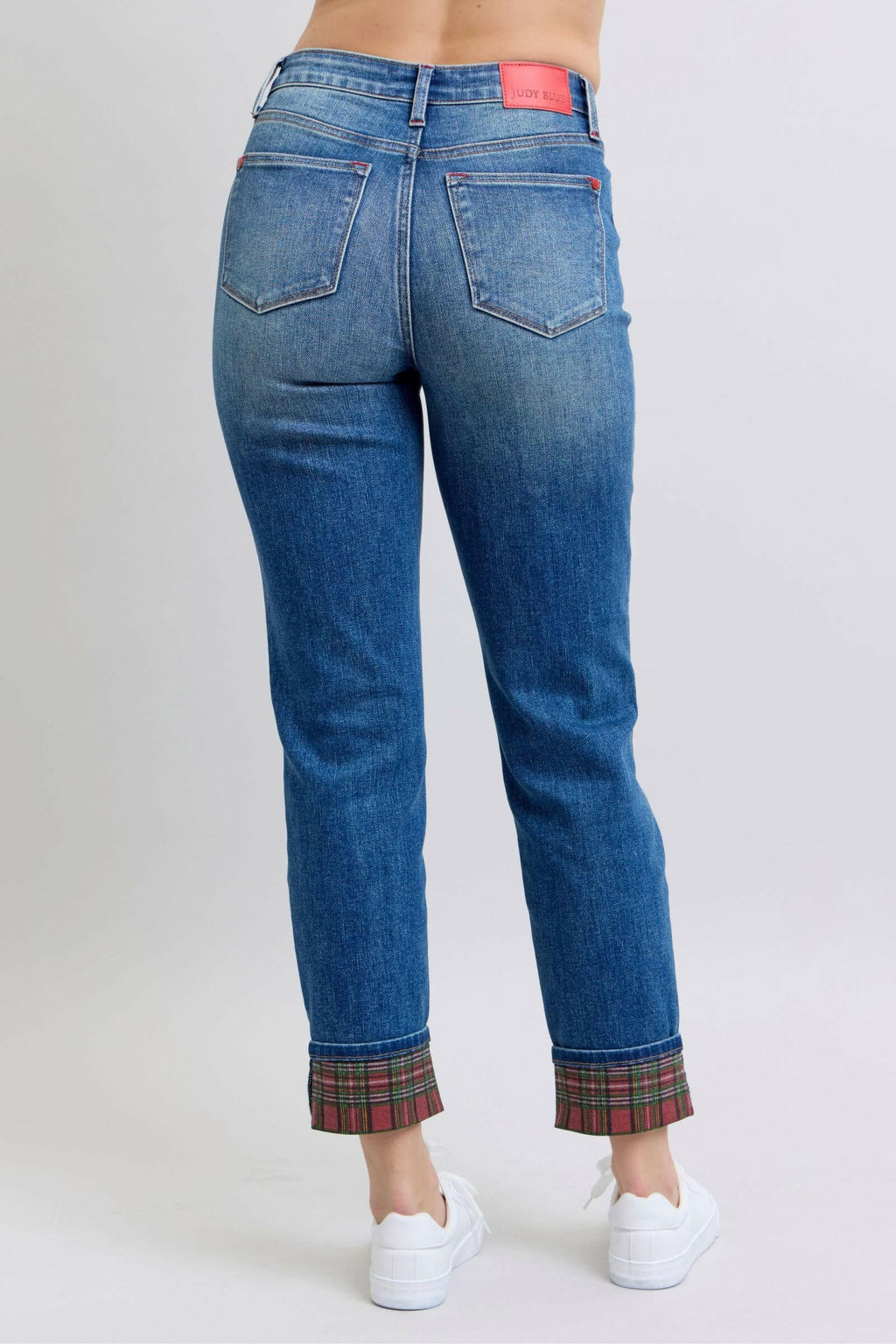 Judy Blue High Rise Medium Wash Non Distressed Slim Jeans with Plaid Patch | Sleekdenim.com