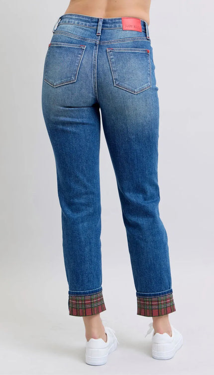 Judy Blue Full Size Plaid Print Cuff Straight Leg Jeans with Pockets - Sleekdenim.com