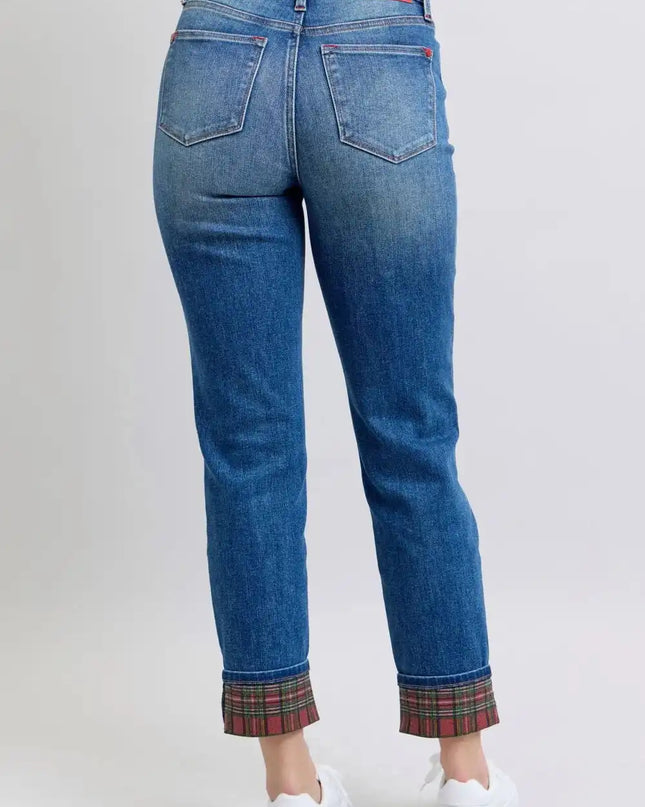 Judy Blue Full Size Plaid Print Cuff Straight Leg Jeans with Pockets - Sleekdenim.com