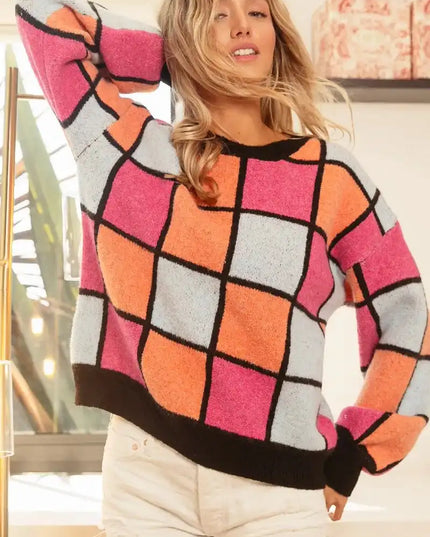 BiBi Multi Color Checker Pattern Sweater - Sleekdenim.com