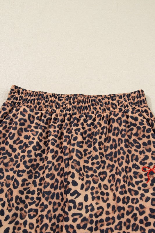 Leopard Bow Embroidered Pullover and Pants Set - Sleekdenim.com