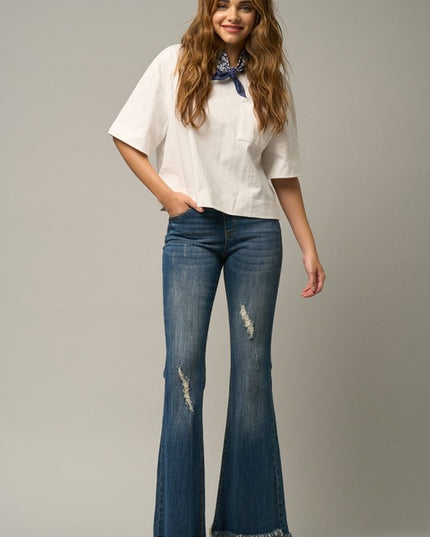 MID-RISE WIDE ELASTIC BANDED FLARE JEANS - Sleekdenim.com