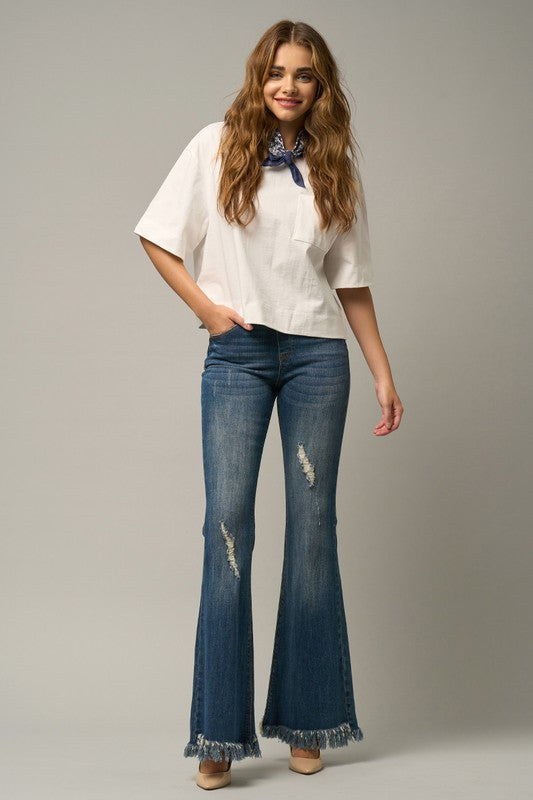MID-RISE WIDE ELASTIC BANDED FLARE JEANS - Sleekdenim.com