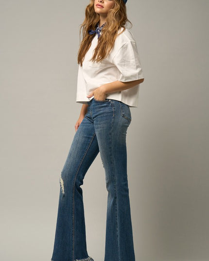 MID-RISE WIDE ELASTIC BANDED FLARE JEANS - Sleekdenim.com