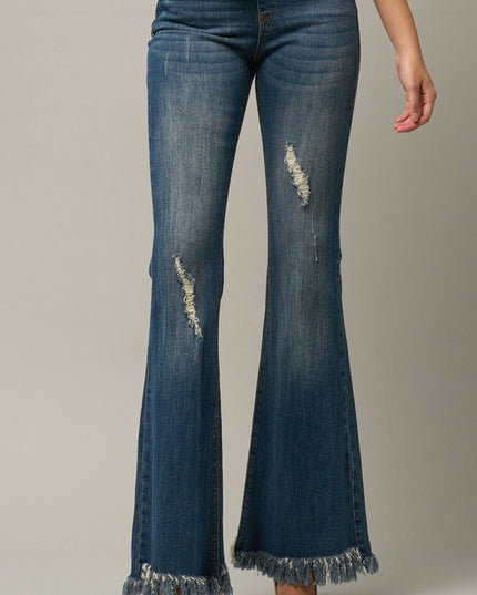 MID-RISE WIDE ELASTIC BANDED FLARE JEANS - Sleekdenim.com