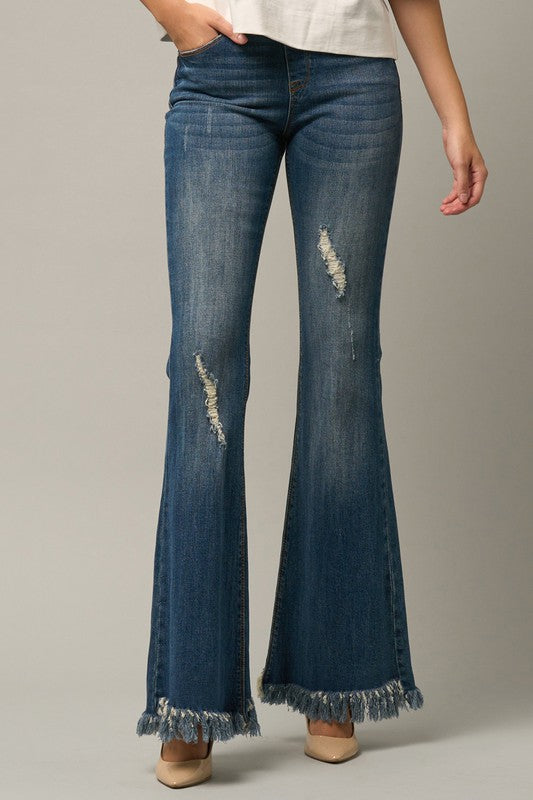 MID-RISE WIDE ELASTIC BANDED FLARE JEANS - Sleekdenim.com