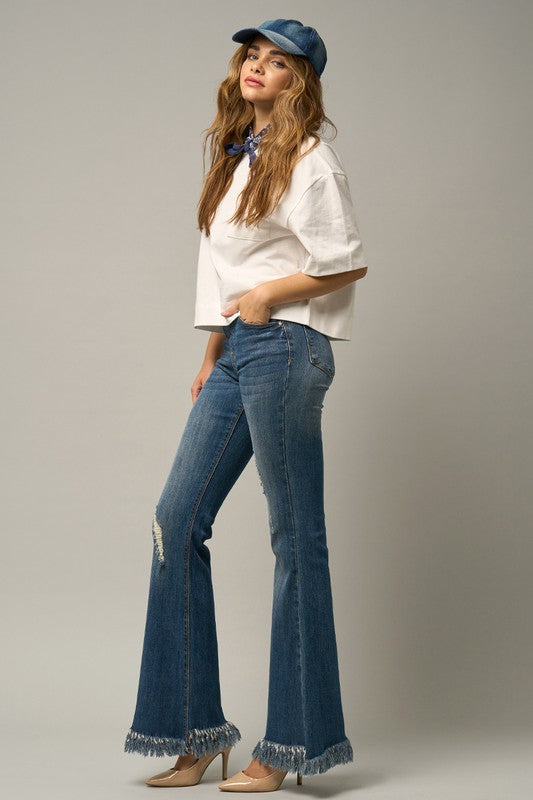 MID-RISE WIDE ELASTIC BANDED FLARE JEANS - Sleekdenim.com