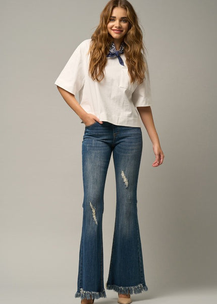 MID-RISE WIDE ELASTIC BANDED FLARE JEANS - Sleekdenim.com
