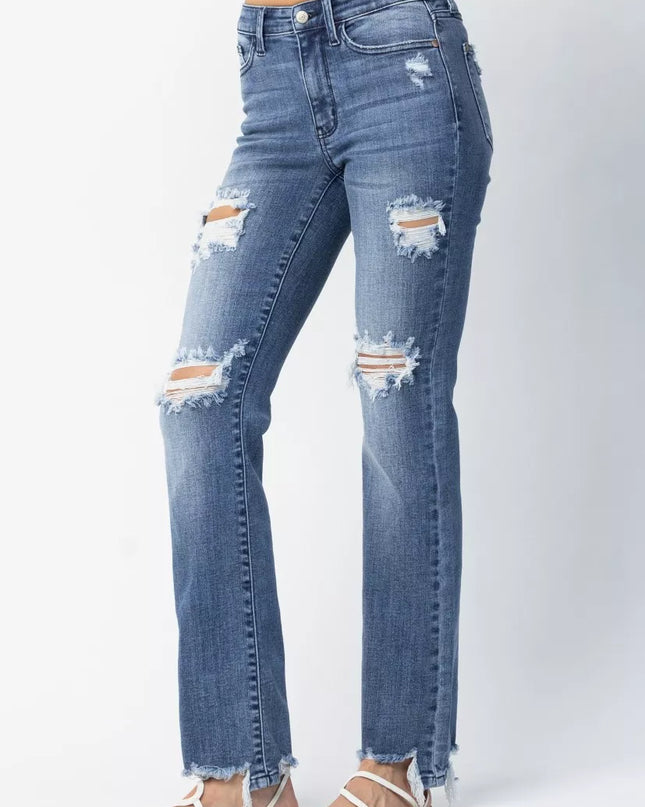 Judy Blue Full Size Mid Rise Destroy Straight Jeans Plus Size - Sleekdenim.com