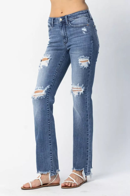 Judy Blue Full Size Mid Rise Destroy Straight Jeans Plus Size - Sleekdenim.com