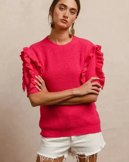 BiBi Ruffle Sleeve Ribbed Sweater - Sleekdenim.com