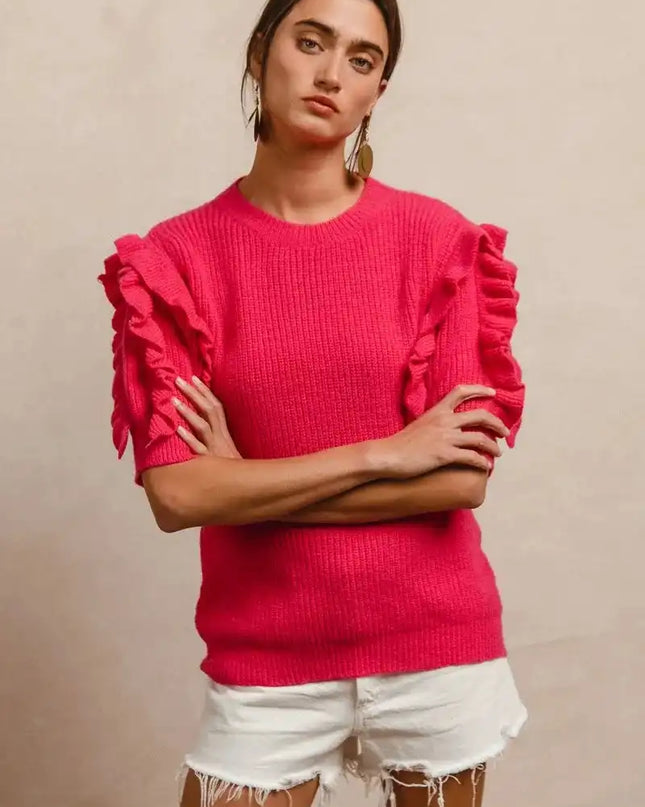 BiBi Ruffle Sleeve Ribbed Sweater - Sleekdenim.com