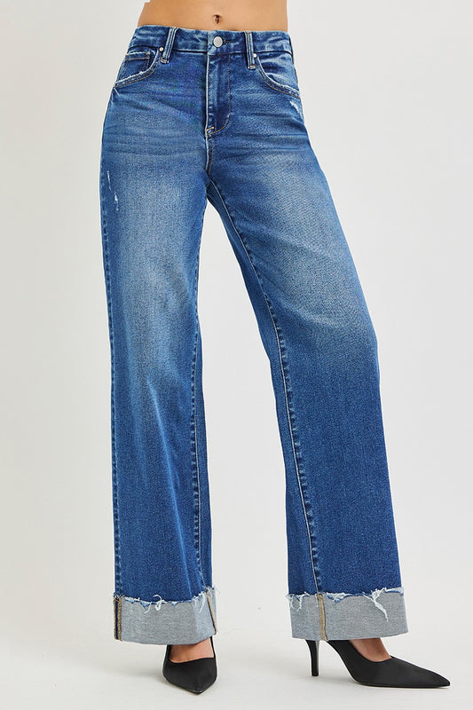RISEN High Rise Wide Leg Jeans With Cuffed Hem - Sleekdenim.com