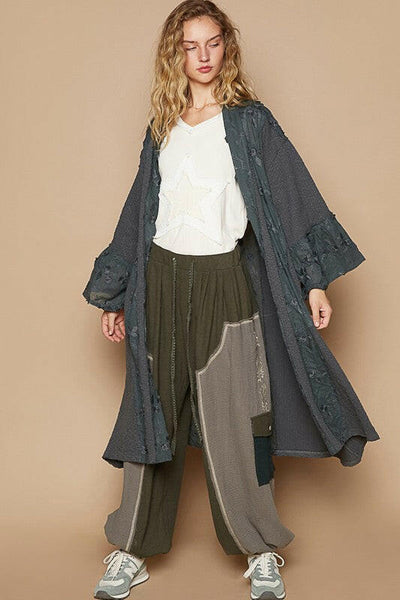 POL Flower Lace Trim Open Front Longline Cardigan | Sleekdenim.com