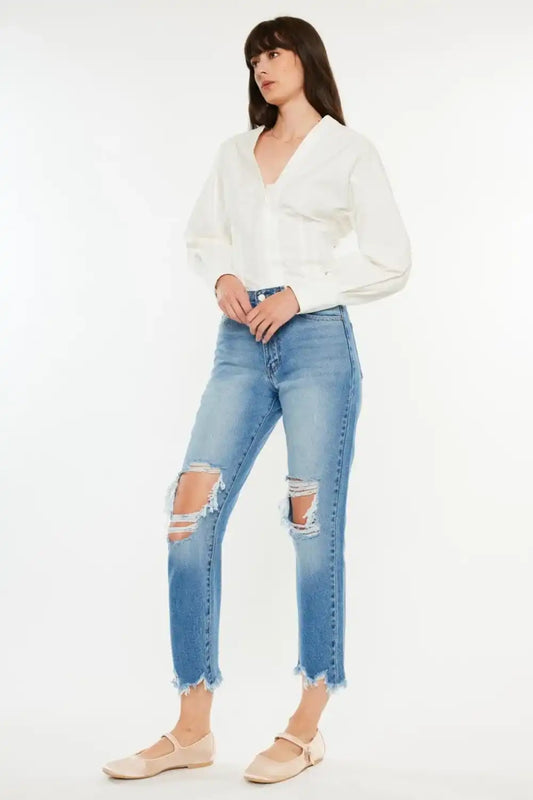 Kancan Distressed Frayed Hem Cropped Jeans - Sleekdenim.com