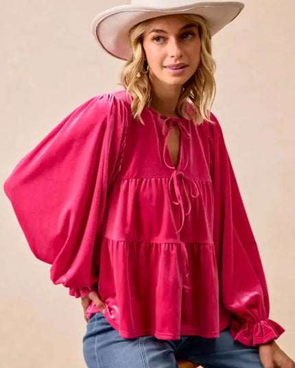 BiBi Christmas Theme Velvet Bow Tied Blouse - Sleekdenim.com