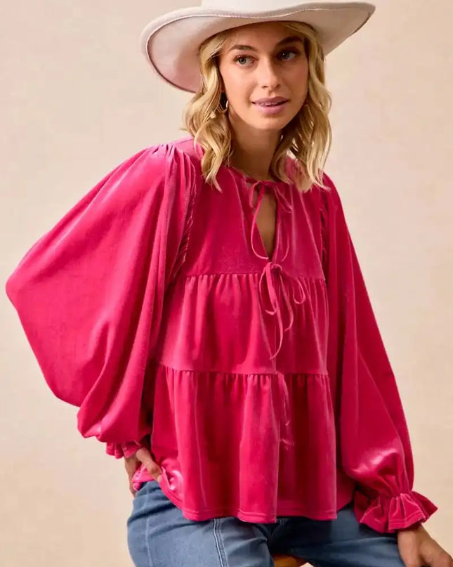 BiBi Christmas Theme Velvet Bow Tied Blouse - Sleekdenim.com