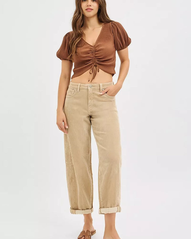 RISEN High Rise Crop Barrel Cordurory Pants - Sleekdenim.com