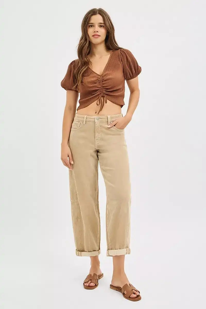 RISEN High Rise Crop Barrel Cordurory Pants - Sleekdenim.com