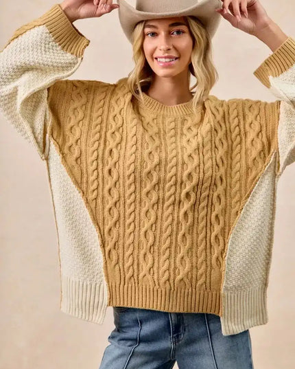 BiBi Cable Knit With Hacci Combo Sweater With Uneven Hem Detail - Sleekdenim.com