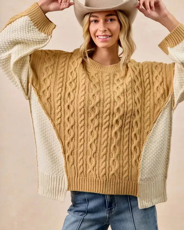 BiBi Cable Knit With Hacci Combo Sweater With Uneven Hem Detail - Sleekdenim.com