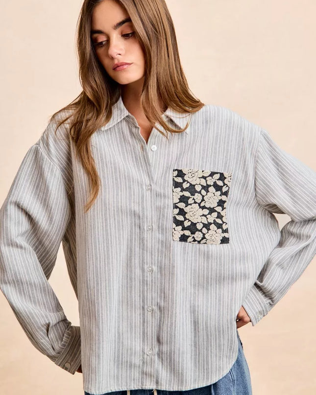 BiBi Flower Jacquard Knit Patch Pocket Stripe Shirt - Sleekdenim.com