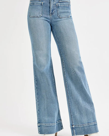 RISEN Full Size High Rise Wide Flare Patch Pocket Jeans Plus Size - Sleekdenim.com