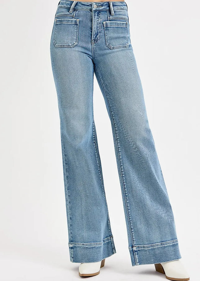 RISEN Full Size High Rise Wide Flare Patch Pocket Jeans Plus Size - Sleekdenim.com