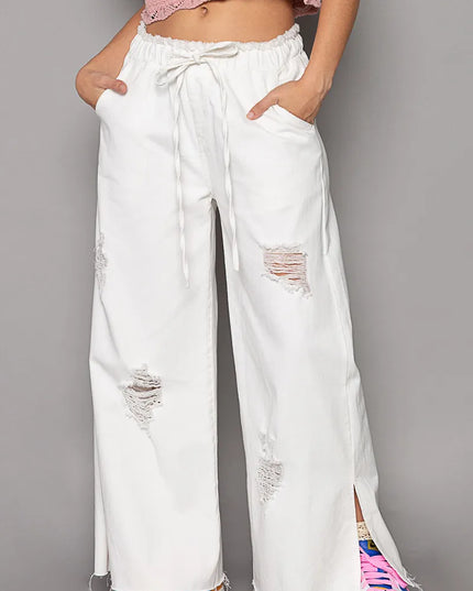 POL Distressed Drawstring Slit Wide leg Pants - Sleekdenim.com