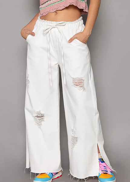 POL Distressed Drawstring Slit Wide leg Pants - Sleekdenim.com
