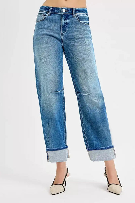 RISEN Mid Rise Slouchy Crop Barrel Cuffed Jeans
