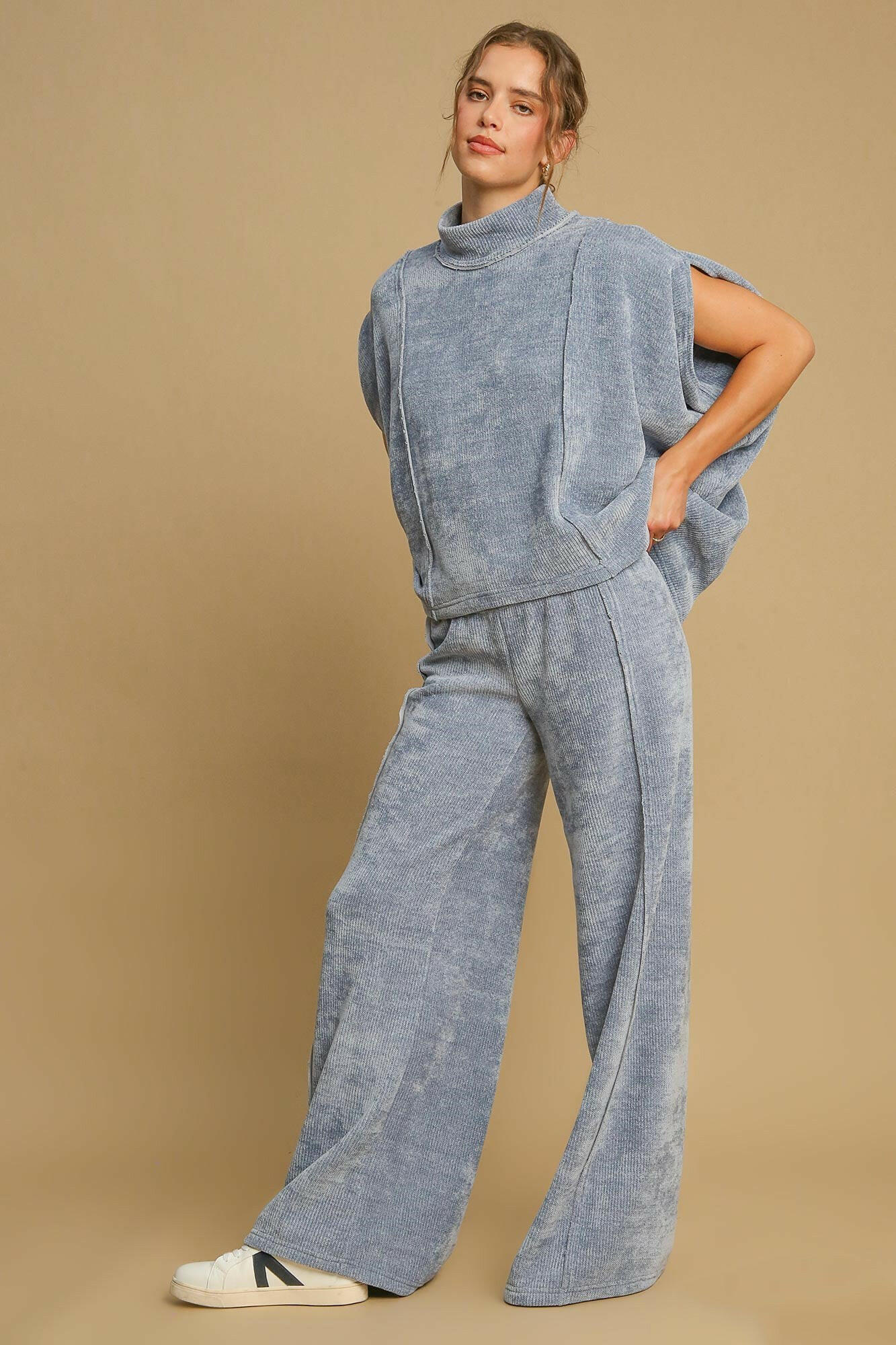 Umgee Elastic Waist Wide Leg Pants Light Blue