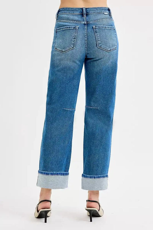 RISEN Mid Rise Slouchy Crop Barrel Cuffed Jeans