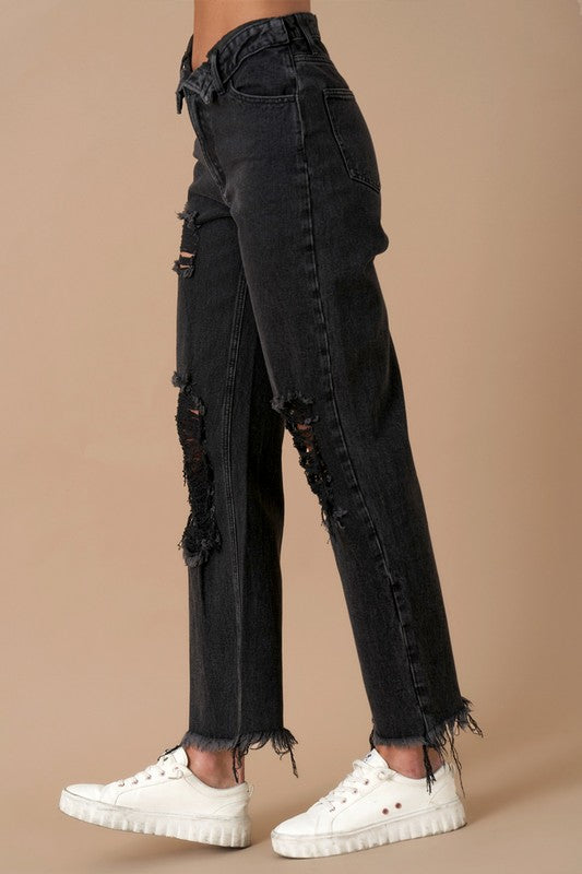 Frayed Flip Waist Straight Jeans - Sleekdenim.com