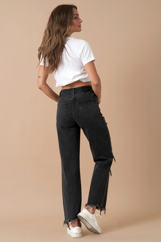 Frayed Flip Waist Straight Jeans - Sleekdenim.com