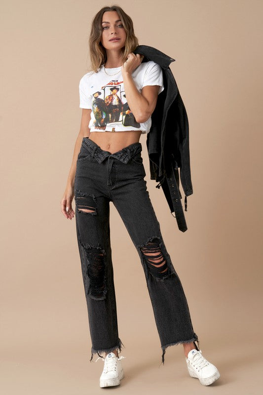 Frayed Flip Waist Straight Jeans - Sleekdenim.com